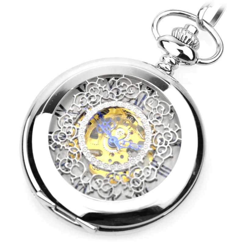 WOONUN Brand Retro Skeleton White Dial Silver Case Roman Numeral Analog Jewelry Clock Chain Men Mechanical Pocket Watch Gift | Наручные