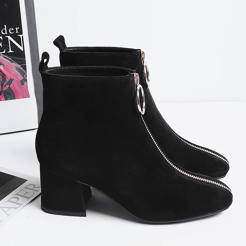 Women ankle Boots Cow suede 22-25.5 cm length autumn and winter Square toe front zipper ladies boots female+shoes women booties