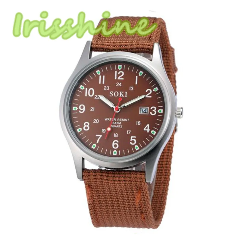 Irisshine#1147 мужские часы, военные армейские мужские часы с датой, Холщовый ремешок, Спортивные кварцевые наручные часы из нержавеющей стали - Цвет: Кофе