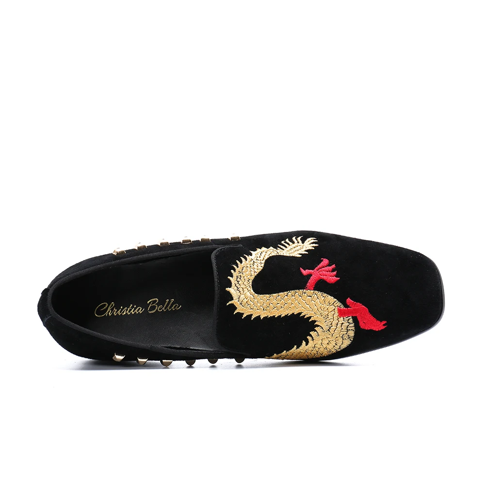 Christia Bella New Style Handmade Men Loafers with Dragon Embroidery Leather Insole Slip-on Fashion Party and Wedding Shoes | Обувь