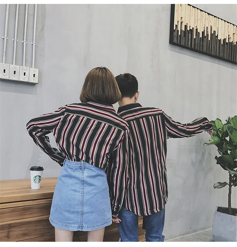 VERSMA в Корейском стиле Ulzzang Harajuku Винтаж в полоску пара Для мужчин рубашка Летняя одежда в стиле «хип-хоп» большого размера, с длинным рукавом рубашка Для мужчин в Корейском стиле Костюмы 5XL