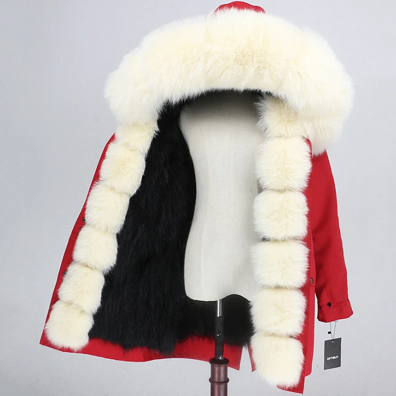red black beige Брендовое пальто с натуральным мехом, водонепроницаемая парка, натуральный Лисий мех, капюшон, зимняя куртка для женщин, съемная верхняя одежда, уличная одежда, роскошная теплая - Цвет: red black beige