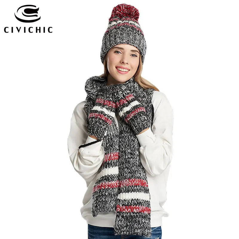 Женская шикарная трикотажная шапка шарф перчатки 3 предмета костюм с помпоном