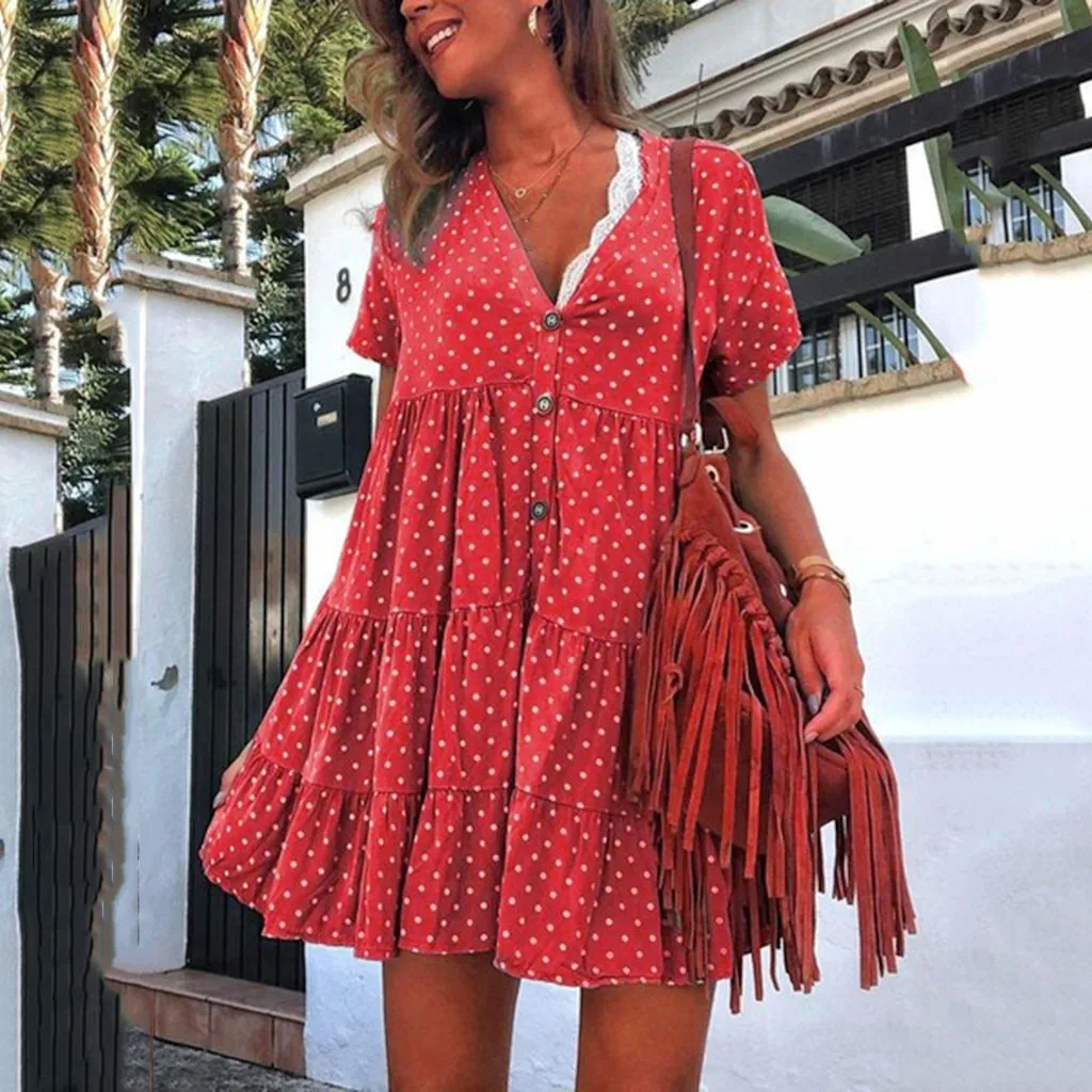 Женское платье трапеция повседневное мини в горошек с v образным вырезом и