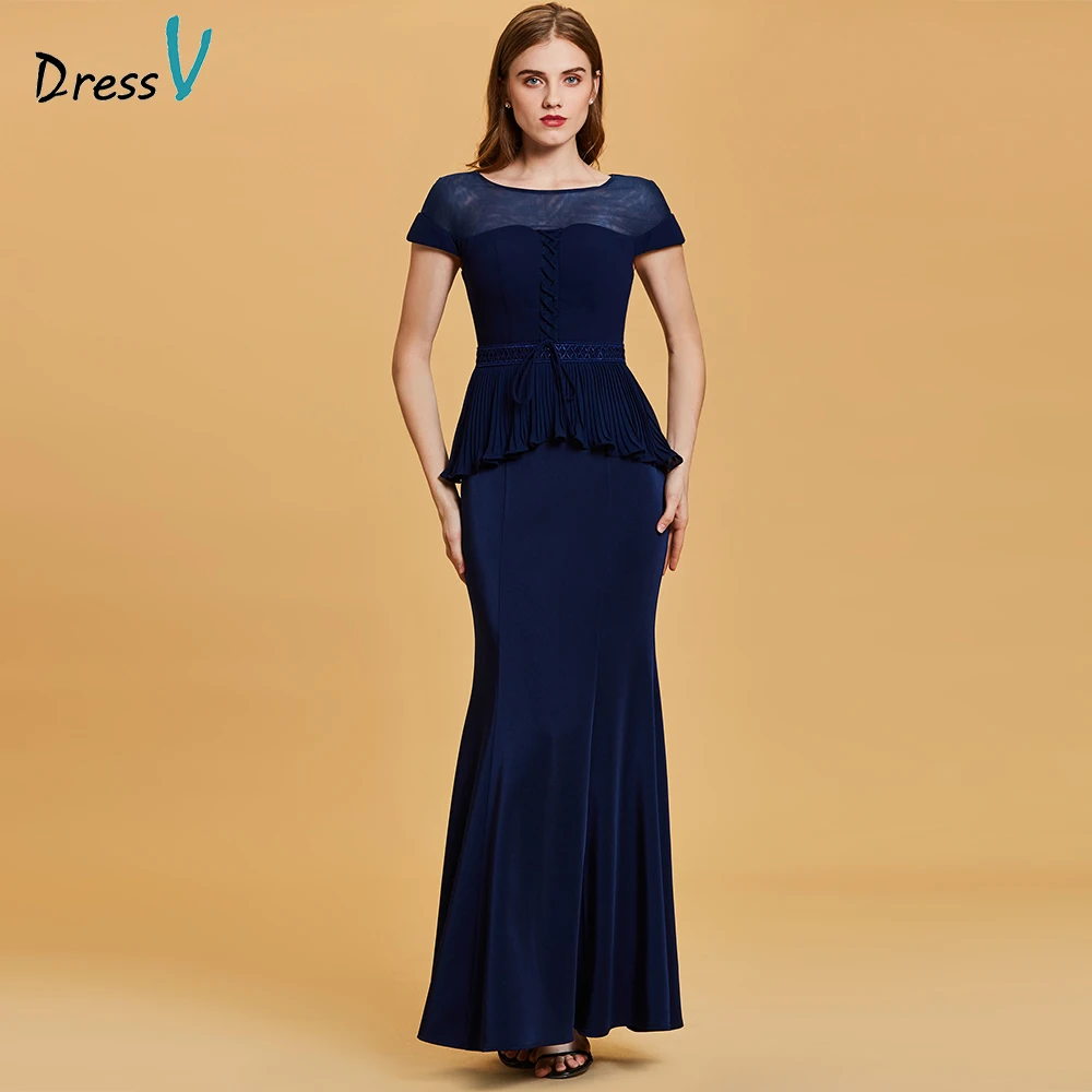 Dressv темно синее длинное вечернее платье труба Дешевые Совок шеи с коротким