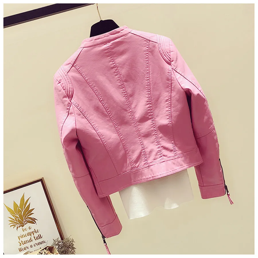 DANCING WINGS Spring Fall Women's Short PU Leather Motorcycle Jackets Pink Black
