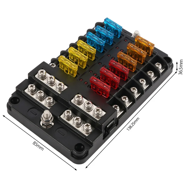 

12 Way Blade Fuse Block Holder LED Warning Indicator Damp-Proof Cover Fuse Box for Car Boat Marine RV Truck DC 12-24V