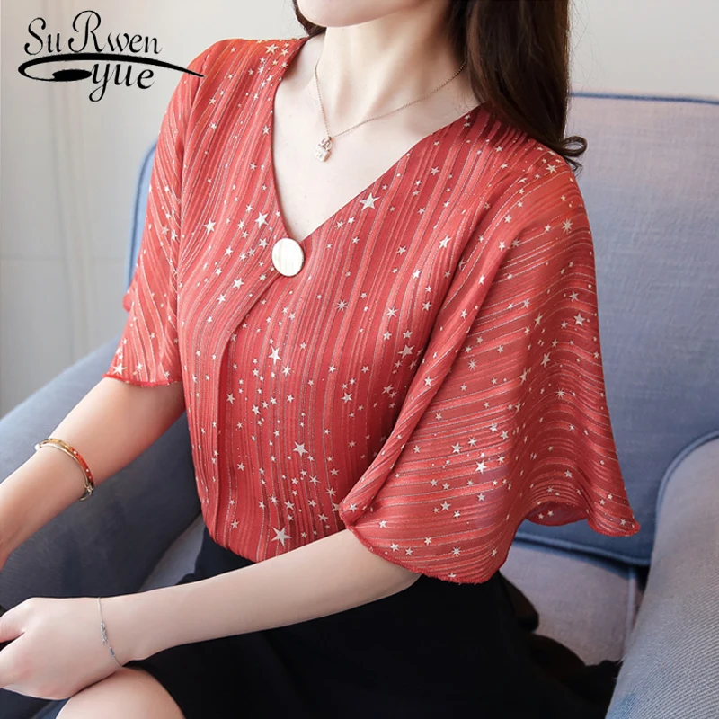 Модные 2021 печати шифон женские блузки с коротким рукавом женская одежда