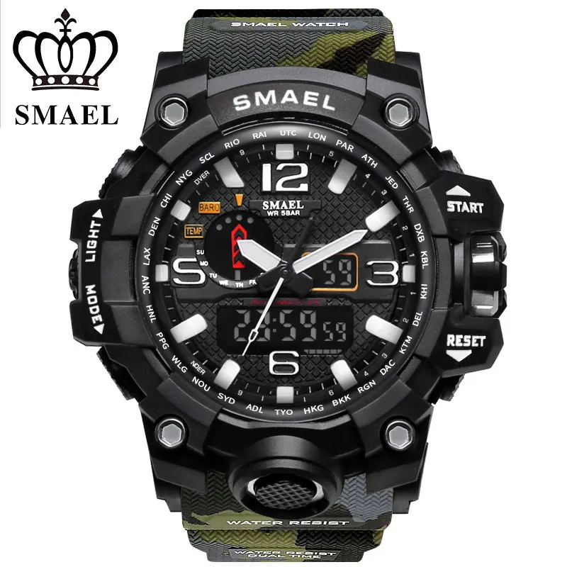 

SMAEL Brand Sports Watches Men Dual Time Camouflage Military Watch Men Army LED Digital Wristwatch 50M Waterproof Men's Clock