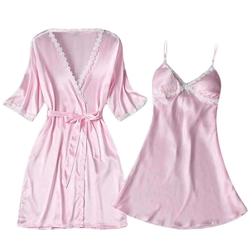 Pink Модная сексуальная одежда для сна 2 шт женское сексуальное атласное нижнее белье Babydoll ночная рубашка пижамный комплект Белье для сна - Цвет: Pink