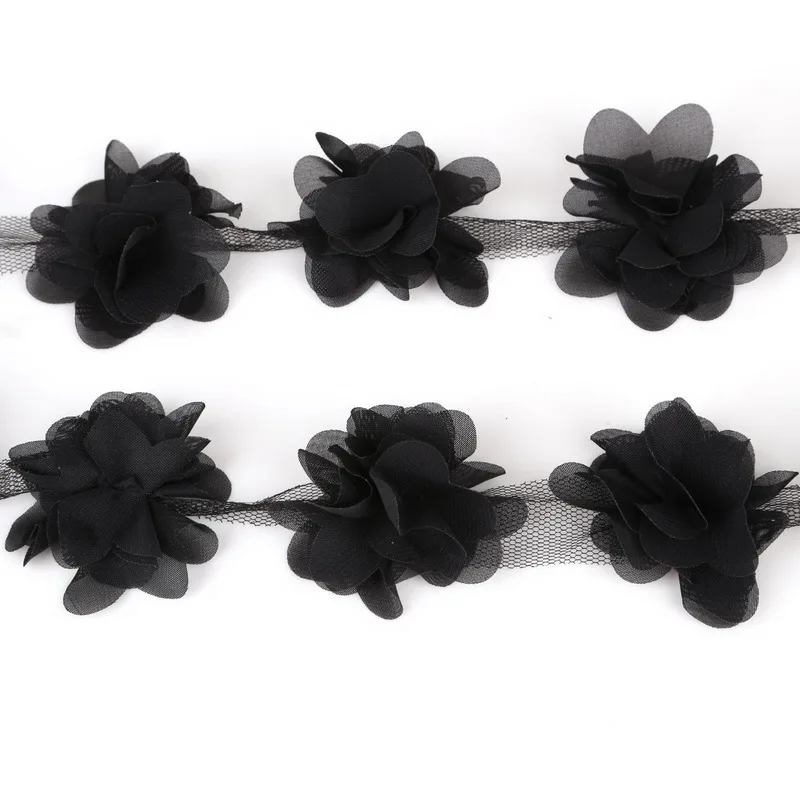 Black 1 ярд = 12 шт. цветы 3D шифон кластер цветы кружево платье украшение кружевная ткань аппликация отделка Швейные принадлежности - Цвет: Black