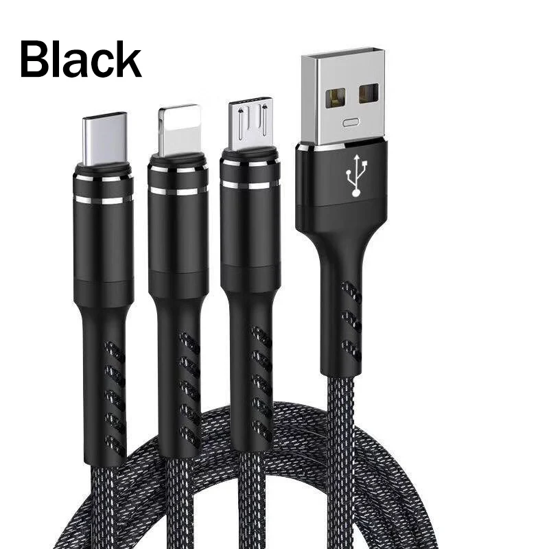 Black ROCK 3 в 1 USB кабель для iPhone XS X 8 7 6s зарядное устройство type-C Micro USB кабель для Android usb type C кабели для мобильных телефонов - Цвет: Black