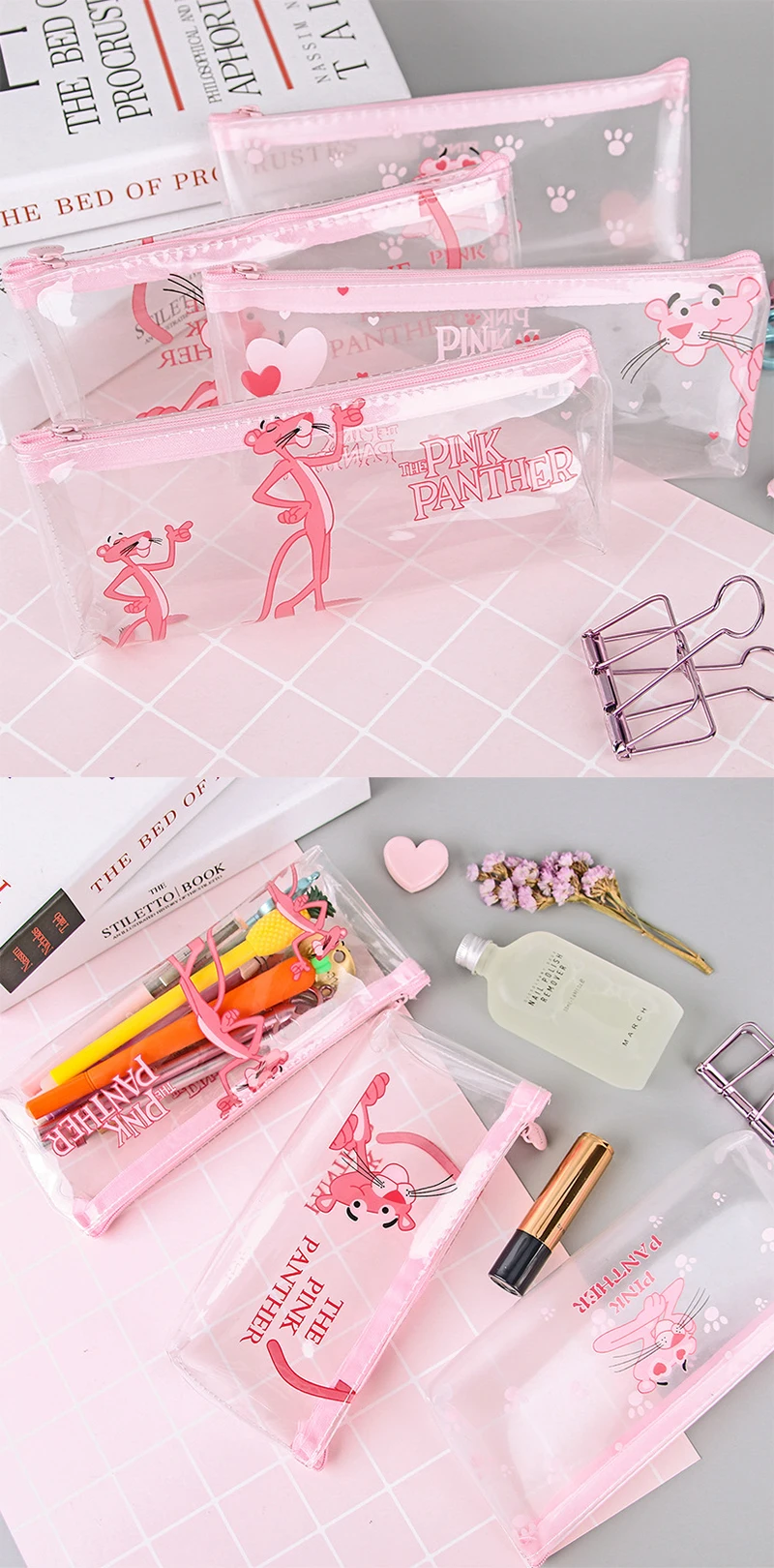 Милый прозрачный чехол-карандаш с рисунком из мультфильма Kawaii Розовая пантера, большая сумка-карандаш для девочек, для детей, для офиса, школы, канцелярские принадлежности