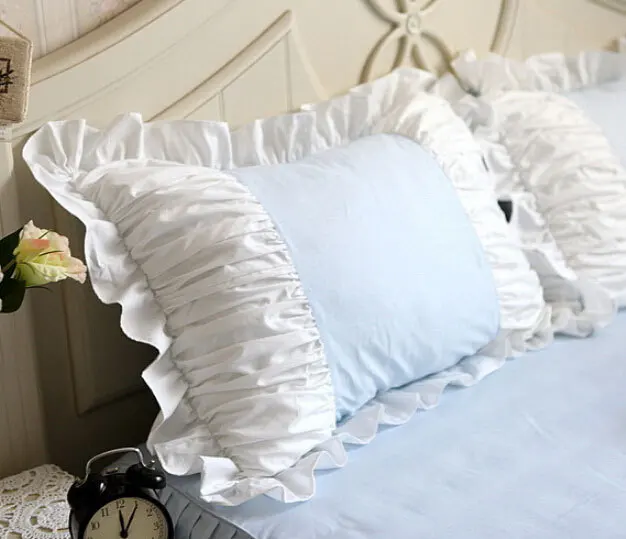 Кружевные оборки 100% хлопок милые синие постельные комплекты для девушек Полный