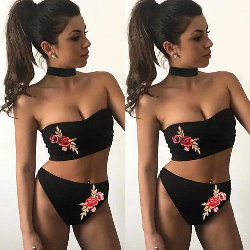 

Women High Waist Wrap Chest Bikini Set 2018 Summer Women Embroidery Flower Printed Swimwear New Sexy Bandage Push-Up Swimsuit