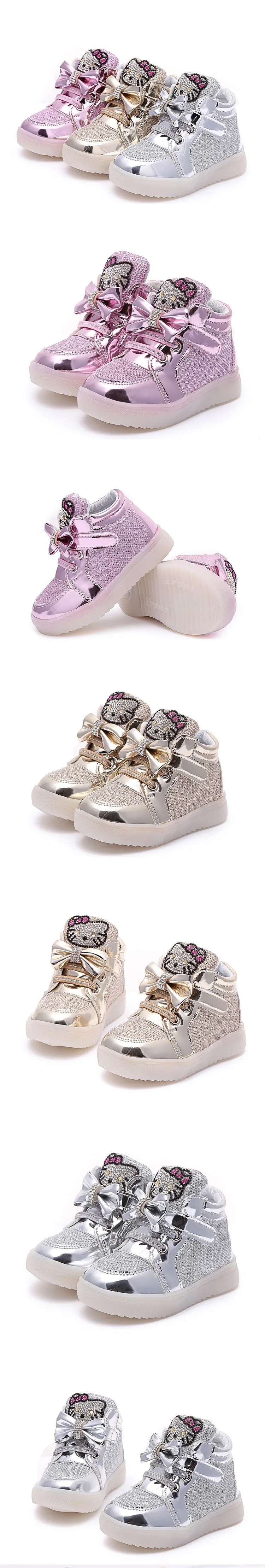 LED Glowing Baby Girls Fashion Short Boots Hello Kitty Top Quality Princess Soft Sports Shoes Non-Slip Sneakers Comfortable