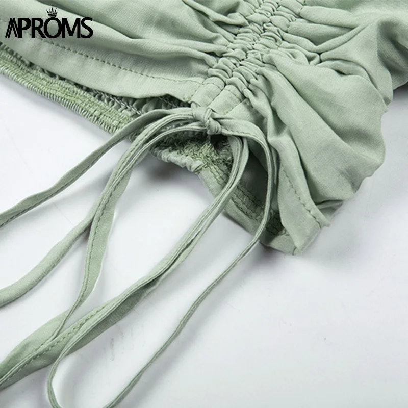 Aproms винтажная блуза с квадратным вырезом и рукавом-фонариком, Женская плиссированная короткая блузка с рюшами, уличная одежда, эластичный кроп-топ