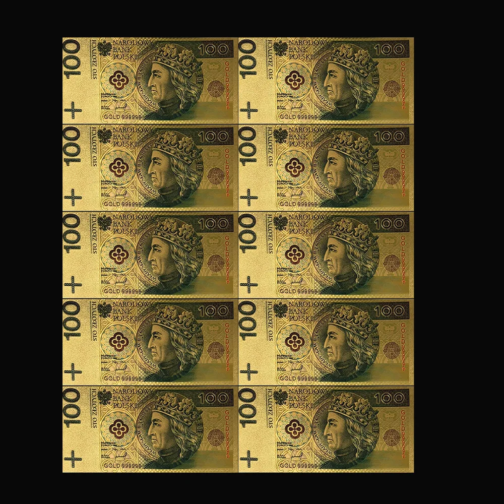 

10 Pieces / Set of Color Polish 24K Gold Banknotes 100 Zloty Collection Gifts