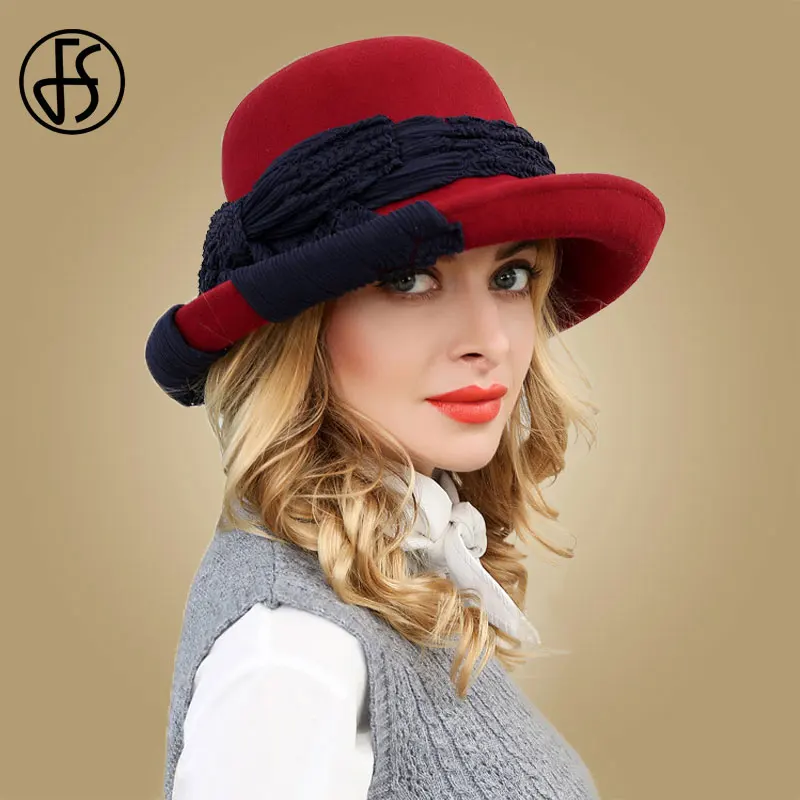 Red Wool Fedoras FS винтажная шерстяная шляпа для женщин с широкими полями, фетровая шляпа для леди, котелок, Клош, шляпы с бантом, черные, красные фетровые шляпы, церковная шляпка - Цвет: Red Wool Fedoras