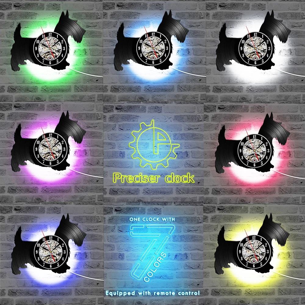A with LED Часы для записей в виде собаки Скотти, креативный античный светодиодный цифровой виниловый пластырь, настенные часы, 7 цветов, меняющие домашний декор - Цвет: A with LED