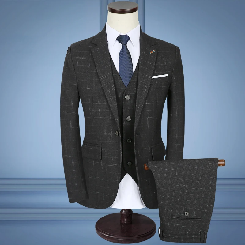 Mens 3 Piece Suit ( Jacket +Vest+Pants) Plaid Slim Fit Black Blue Fashion Suits Wedding For Men 5XL | Мужская одежда