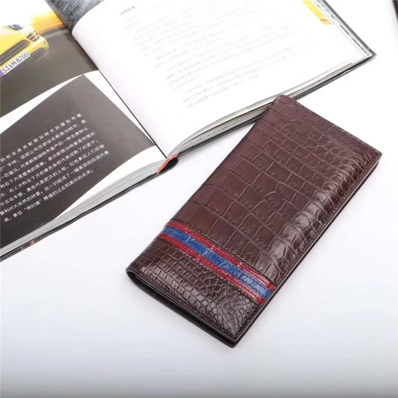 Brown Blue Подлинная кожа аллигатора бизнесменов ультратонкие костюмы клатч кошелек из натуральной крокодиловой кожи живота Мужской Длинный кошелек держатели для карт - Цвет: Brown Blue