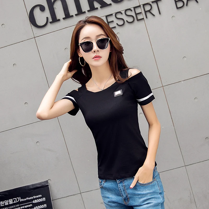 Женский топ с открытыми плечами однотонная хлопковая Футболка черный красный