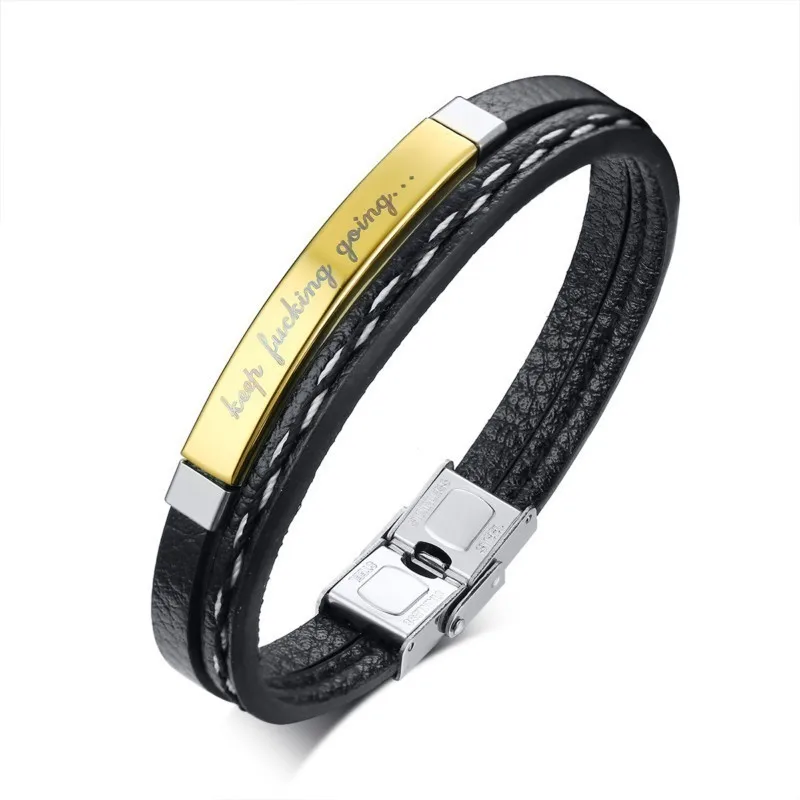 gold custom bracelet Кожаный браслет ручной работы, Двойная Цепочка, черный цвет, браслет на запястье, унисекс, подарки, Прямая поставка - Окраска металла: gold custom bracelet