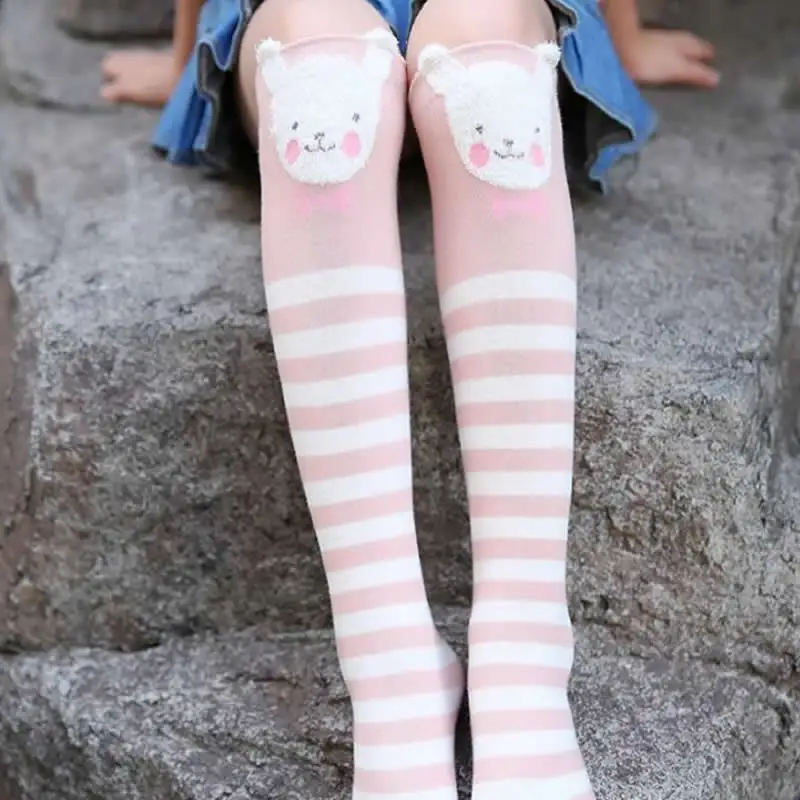 Pink stripe cat Детские гетры, Хлопковые гольфы для девочек с изображением животных и кошачьих ушей, прямые гетры до колена с рисунком - Цвет: Pink stripe cat