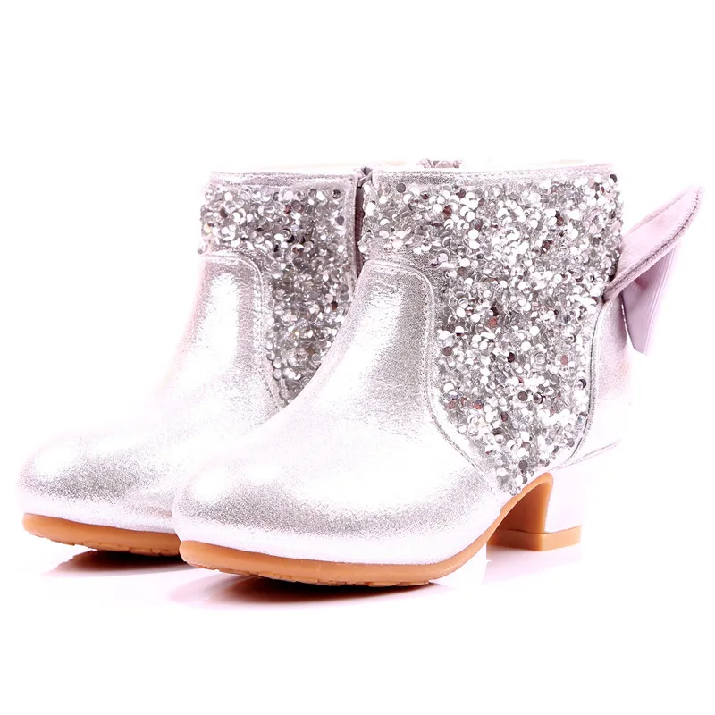 Осенне-зимние ботинки для девочек; детские зимние ботинки принцессы на высоком каблуке с блестками; толстая теплая плюшевая детская обувь для девочек