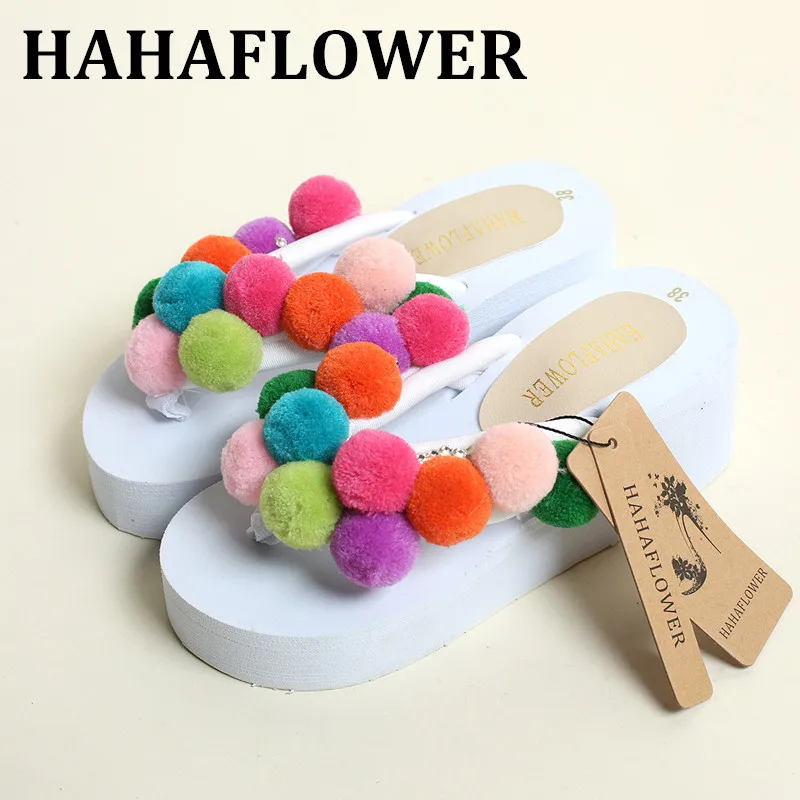 

HAHAFLOWER Woman Sandals & Flip Flops Beach Slippers Colorful wool ball Wedge Platform Sandal High Heels Shoe Flats Flip-Flop