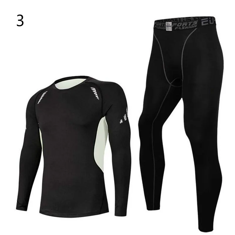 Fitness Men Sets Pure black Compression Shirts and Leggings Base Layer Long Sleeve T Shirt Clothing Set | Мужская одежда