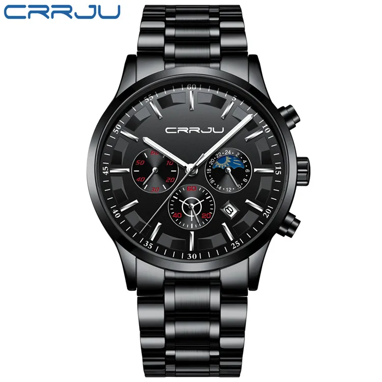 S Black Silver CRRJU мужские часы Топ бренд Роскошные Модные Бизнес Кварцевые часы мужские спортивные полностью стальные водонепроницаемые черные часы Relogio Masculino - Цвет: S Black Silver