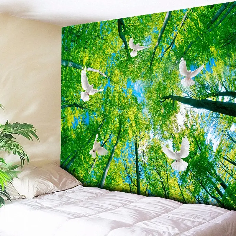 

Flying Pigeon Green Forest Tapestry Hippie Wall Hanging Indian Bohemian Fabric Mandala Tapestries Oil Painting Trees Home Decor