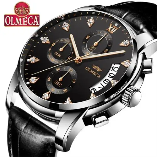 Black Dial Leather Для мужчин s часы лучший бренд класса люкс OLMECA часы Relogio Masculino 3ATM водонепроницаемые часы хронограф наручные часы Reloj Hombre для мужчин - Цвет: Black Dial Leather