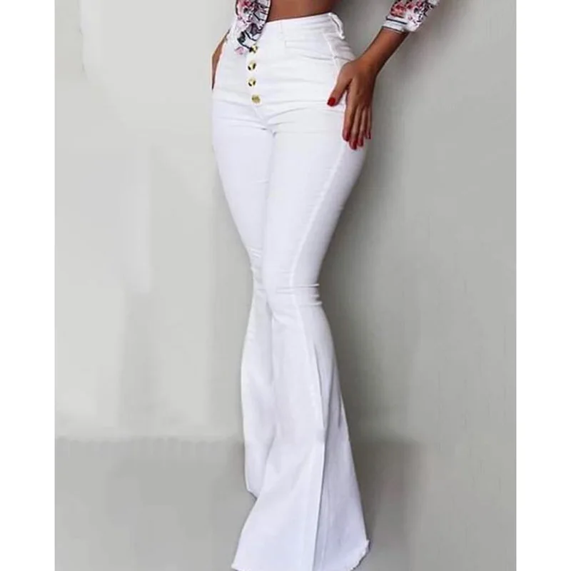 2019 Fashion Buttoned Bell-Bottom High Waist Pants Women Solid slim fit white flare pants Summer Elegant workwear patalon femme | Женская