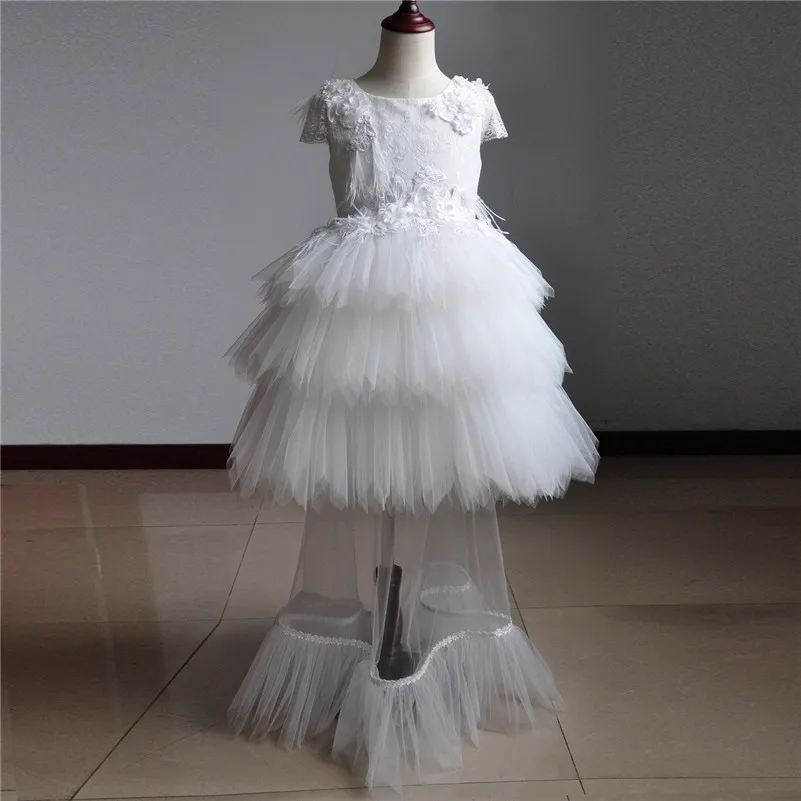 New Lace Feathers Girl Flower Wedding Prom Gown Children Long Trained Evening Dress Girls Events Party Wear Kid Clothing G511 | Детская