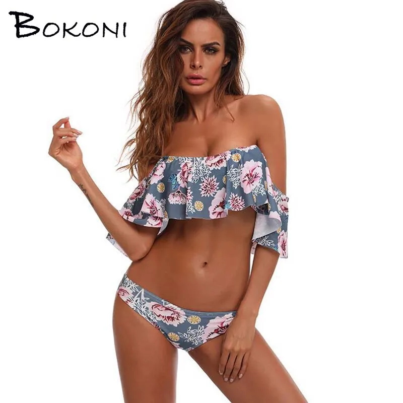 2018 сексуальная печати комплект бикини с открытыми плечами Купальник купальный