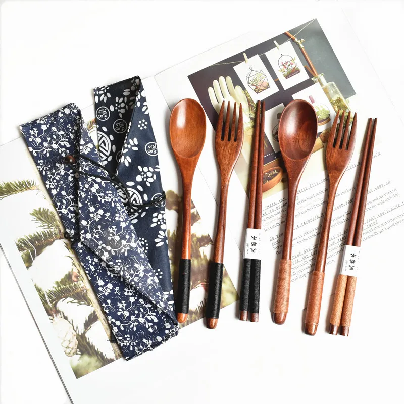 Набор деревянных столовых приборов креативный переносной набор с тканевым