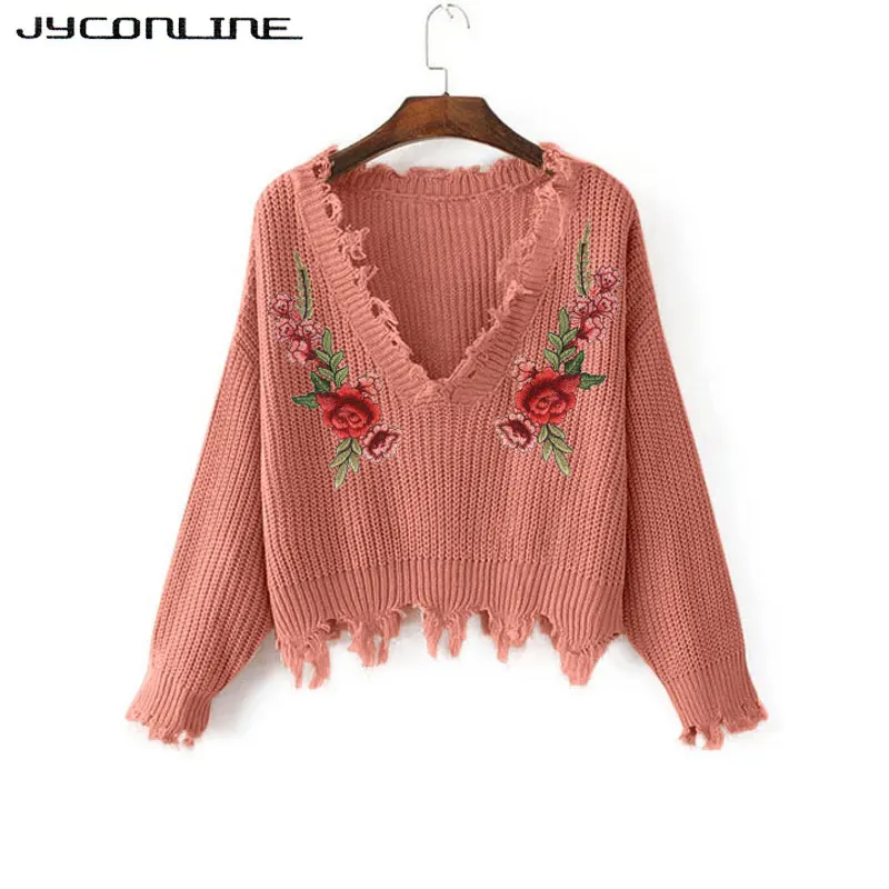 JYConline 2019 Autumn Sweater Women Embroidery Knitted Winter And Pullover Female Floral V Neck Pull Femme Jumper | Женская одежда
