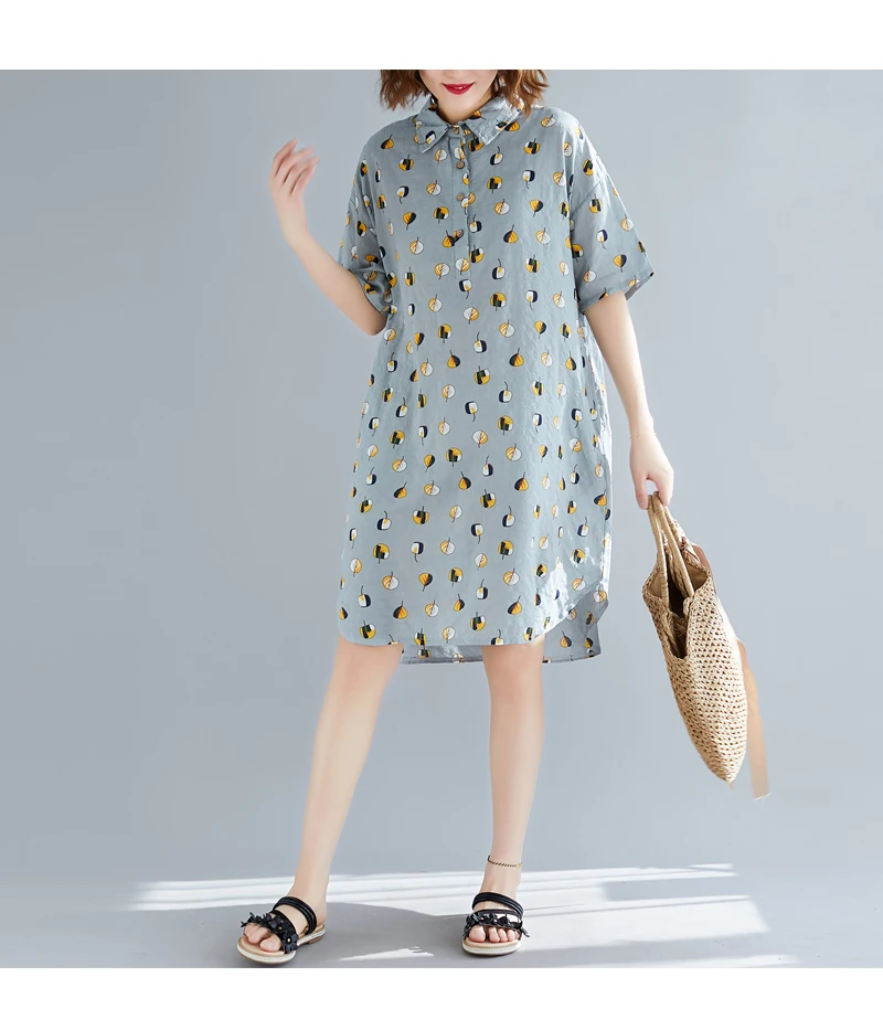 Women Casual Asymmetrical hem Cotton Linen Leaves Print Plus Size Blouse 2019 Summer Mid-Long Turn-down Collar Long Tunic shirt | Женская