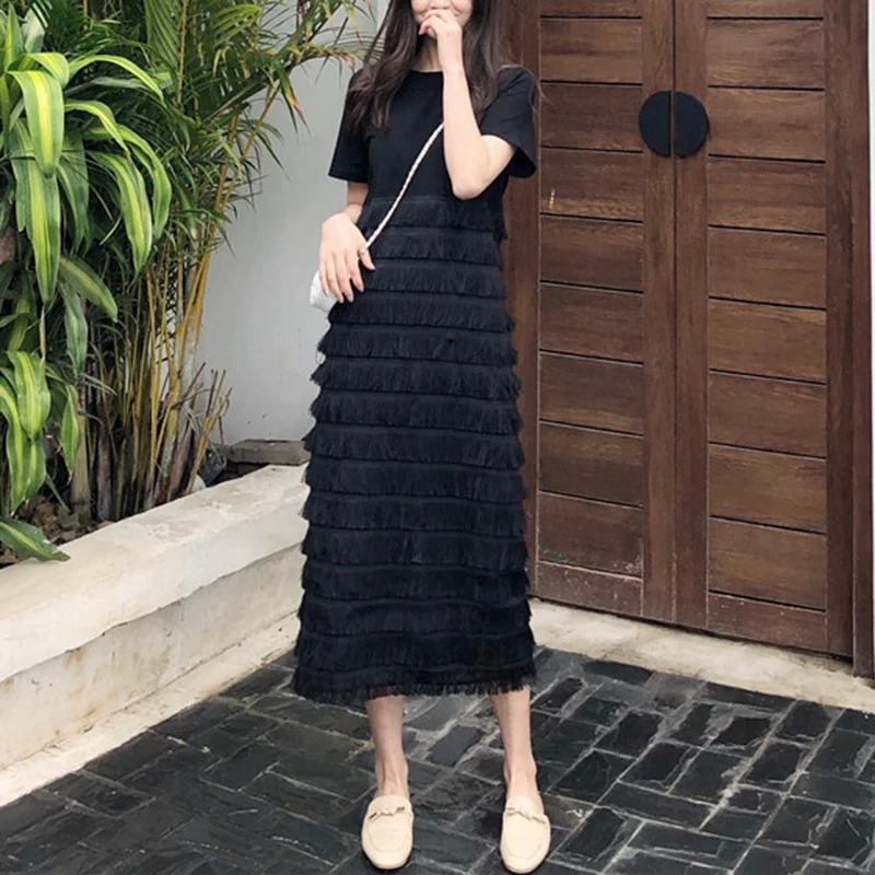 PERHAPS U black gray a line o neck layer cake dress casual summer short sleeve Tassel stitching long D1187 | Женская одежда