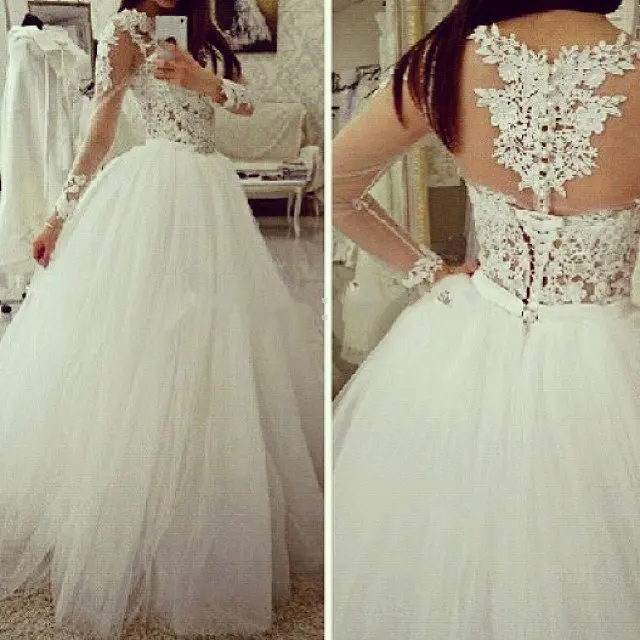 Бальное платье с длинным рукавом кружевной корсет прозрачные свадебные платья |