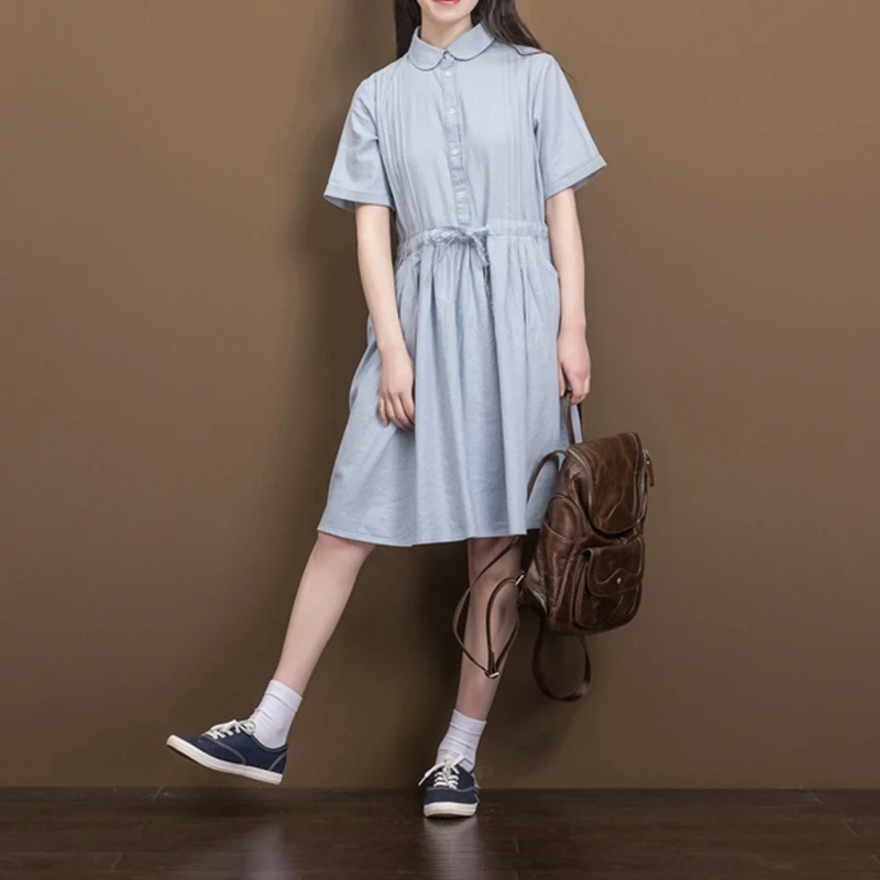Летнее хлопковое льняное платье женское ТРАПЕЦИЕВИДНОЕ ПЛАТЬЕ короткий рукав