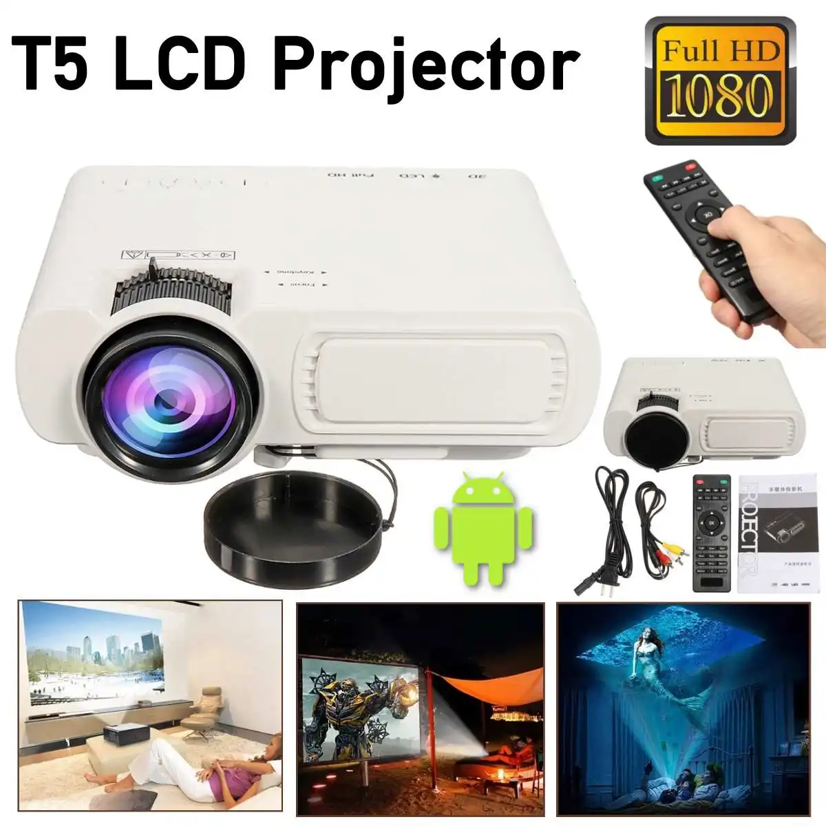 Мини-проектор T5 lcd 7000 люмен 1080 P Full HD Wifi bluetooth домашний кинотеатр Android 6,0 аудио динамик для домашнего кинотеатра