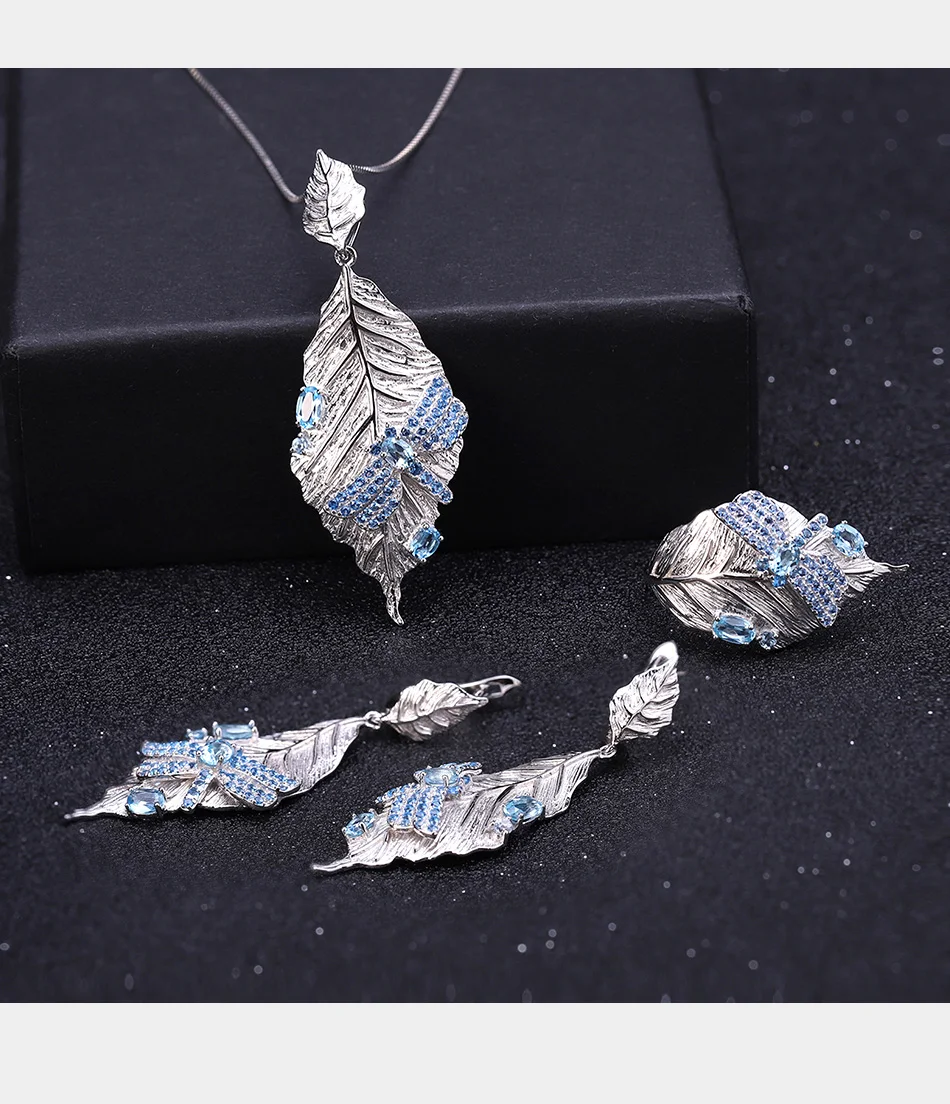 GEM'S BALLET, 1.57Ct, натуральный Швейцарский Голубой Топаз, серьги, настоящее 925 пробы, серебро, ручной работы, листья, стрекоза, висячие серьги для женщин