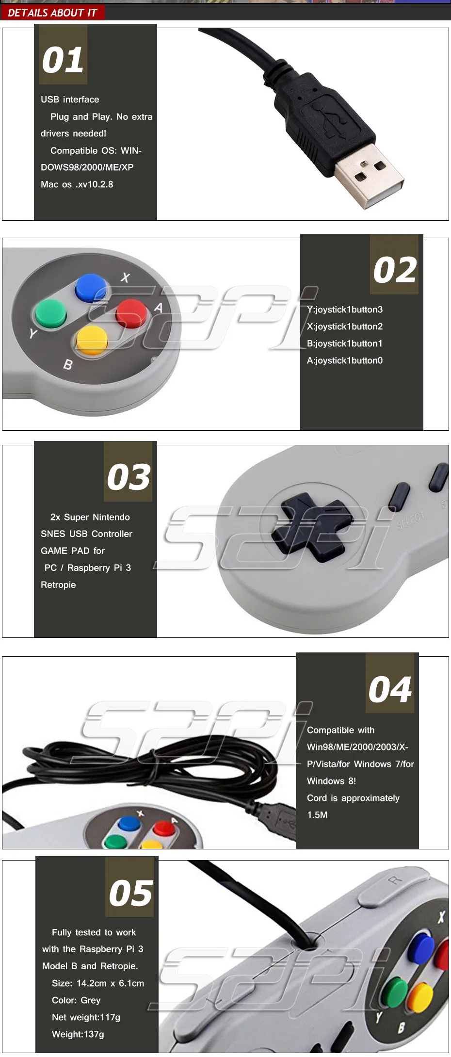 2 шт./лот! SNES USB контроллер игровой коврик джойстик с фланелевой сумкой для ПК Raspberry Pi 3 Model B Retropie