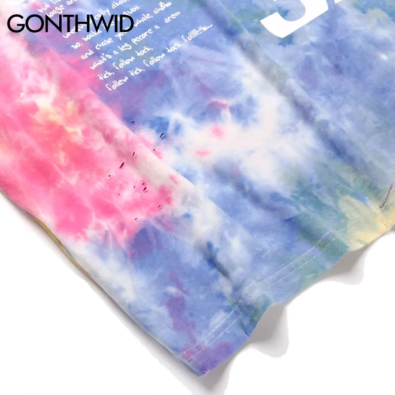 GONTHWID Tie Dye Ripped с дырами рваные Принт футболки уличная хип хоп повседневное Harajuku