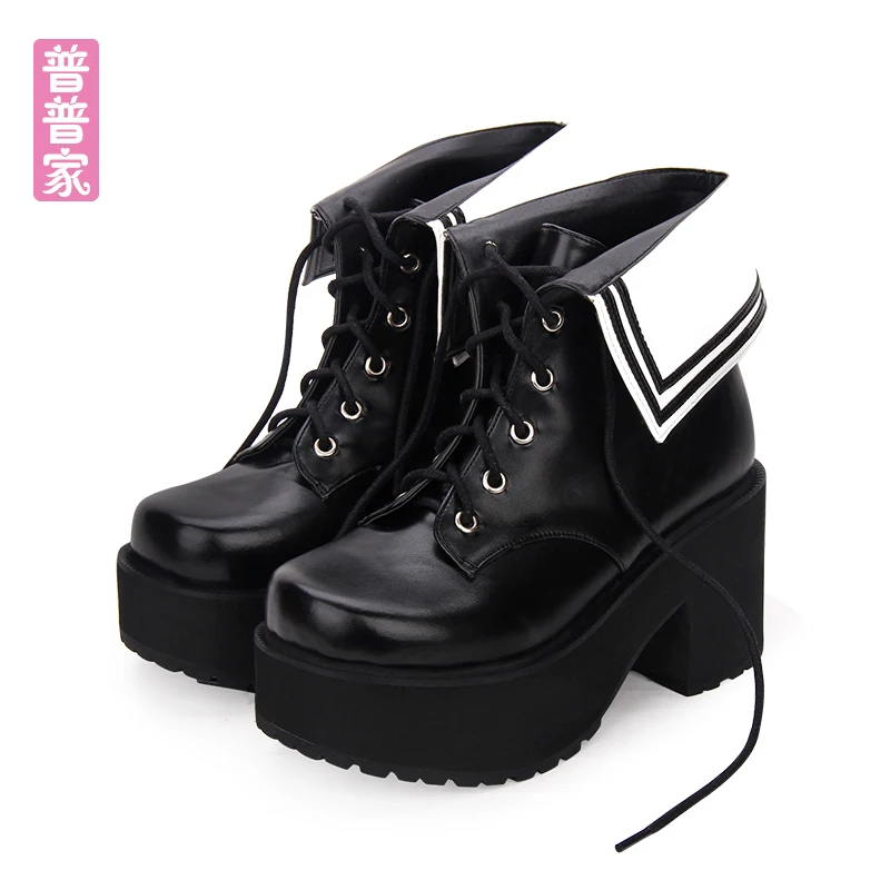 Princess sweet lolita shoes Japanese cool wind High heeled round head thick muffin collar Navy tie short boots women pu8878 Обувь