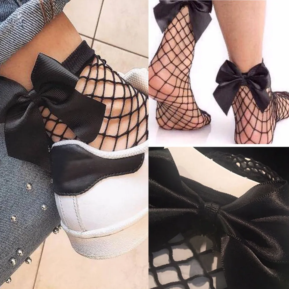 

Wholesale Fashion Black Breathable Bow Knot Fishnet Socks Women HarajukuNets Transparent Mesh Socks 2021 Sexy Sock Hollow